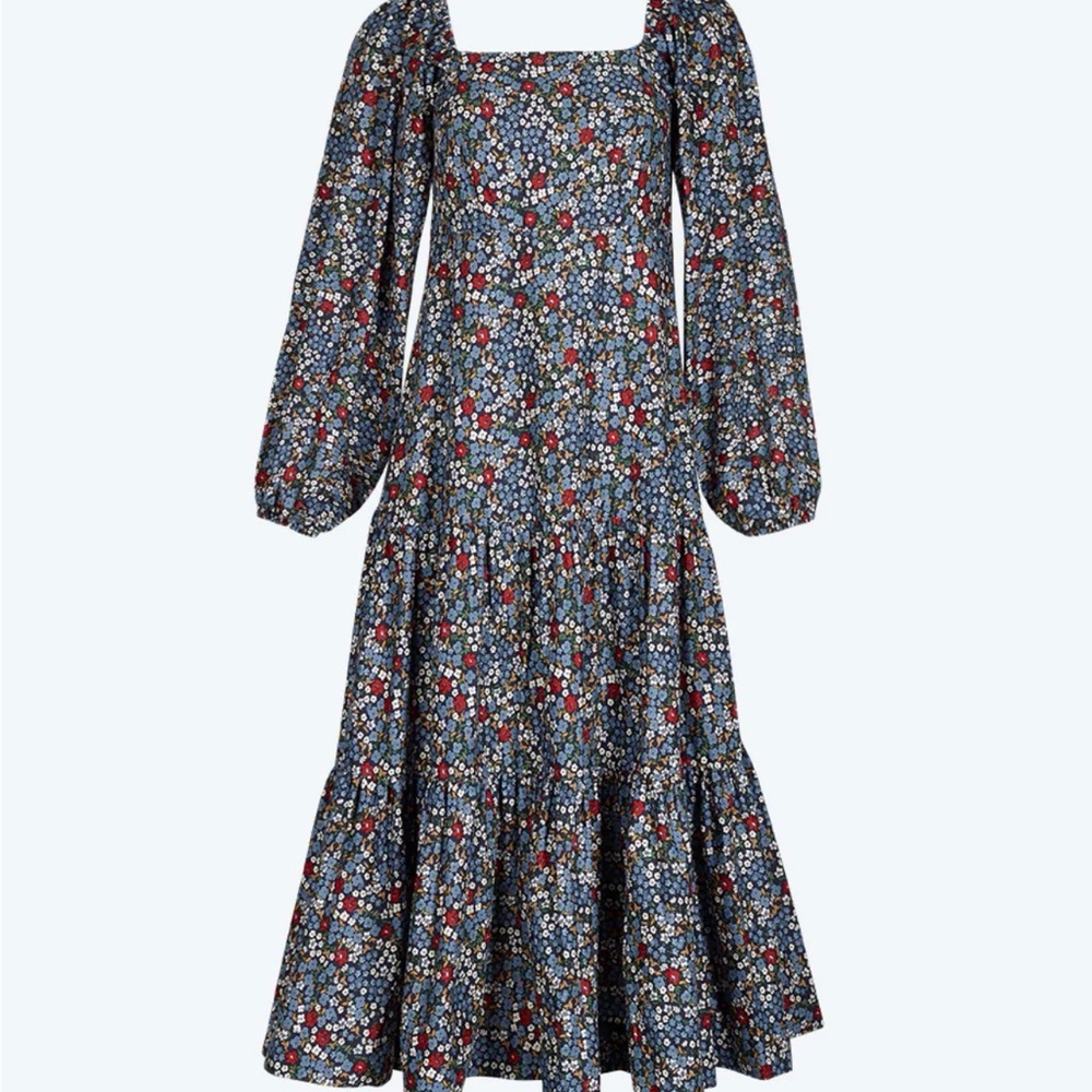 summersalt Blue Floral Square-Neck Tiered Long-Sleeve Midi Dress